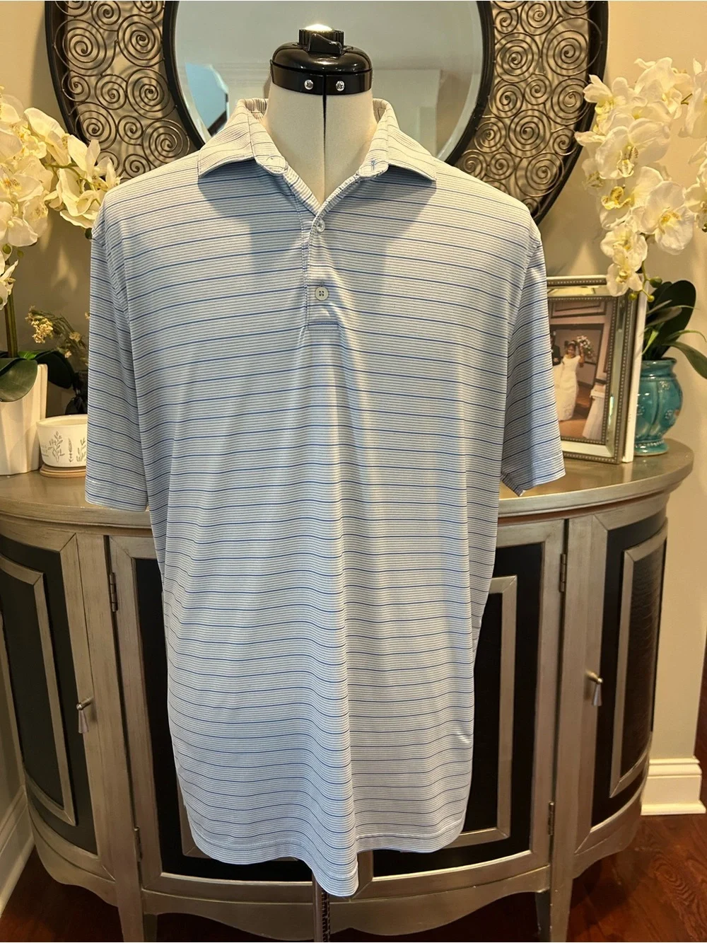 johnnie-O Light Blue Striped Polo